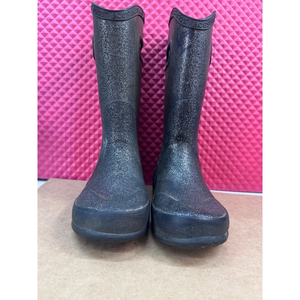 Bogs Waterproof Silver Glitter Rain Boots Black Tall Pull On Rubber Boots